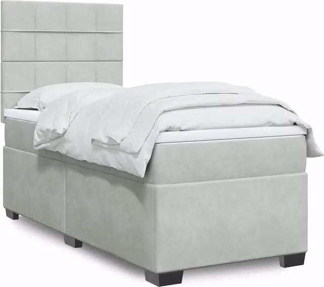 Letto con contenitore a sollevamento e materasso ibrido a molle insacchettate vidaXL, rivestimento in velluto grigio e bianco, L/P: 100 x 200 cm