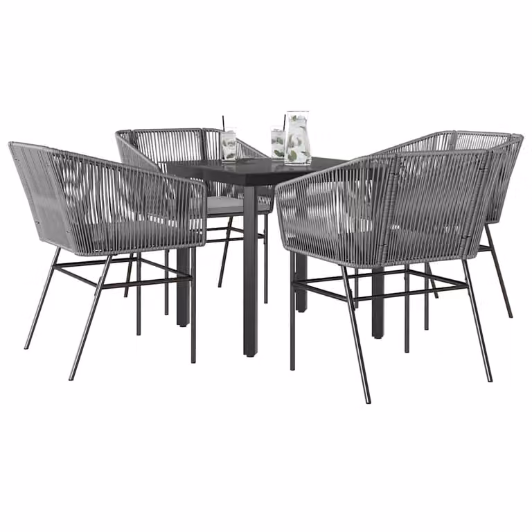 Set da pranzo da giardino vidaXL in polyrattan con tavolo in vetro e 5 sedie con cuscini, grigio e nero