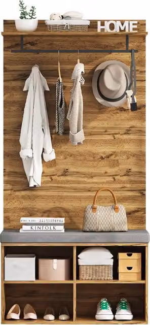 Mobili da ingresso Chicfurn con panca porta scarpe imbottita, 2 ganci, ripiano regolabile e asta, colore marrone, L/P/H: 84 x 35 x 175 cm – 1