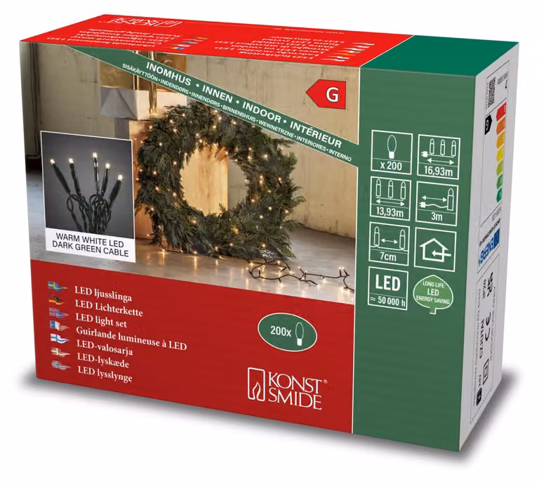Catena luminosa a LED con 200 luci bianche calde, cavo verde di 3 metri