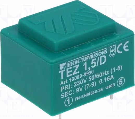 1 trasformatore: rivestito, 1,5 VA, 9V, 230 VAC, 166,6 mA. Montaggio: TEZ1.5/D230/9V -Tra
