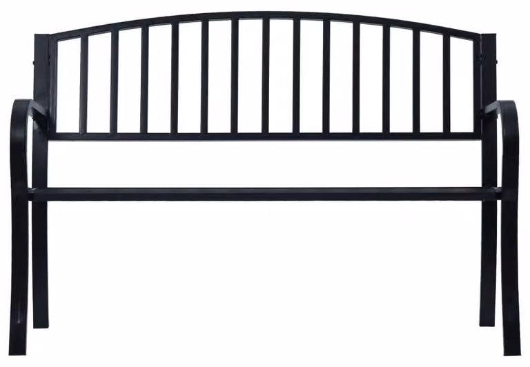 Panca da giardino in acciaio nero con braccioli curvi, ideale per terrazzi