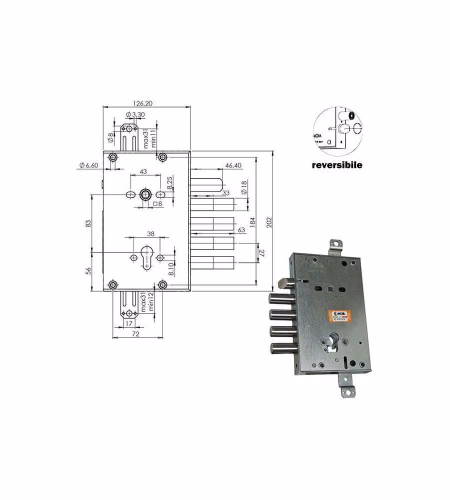 Serratura Sicura Triplice Cilindro  E63 Rci664+33/270 Moia
