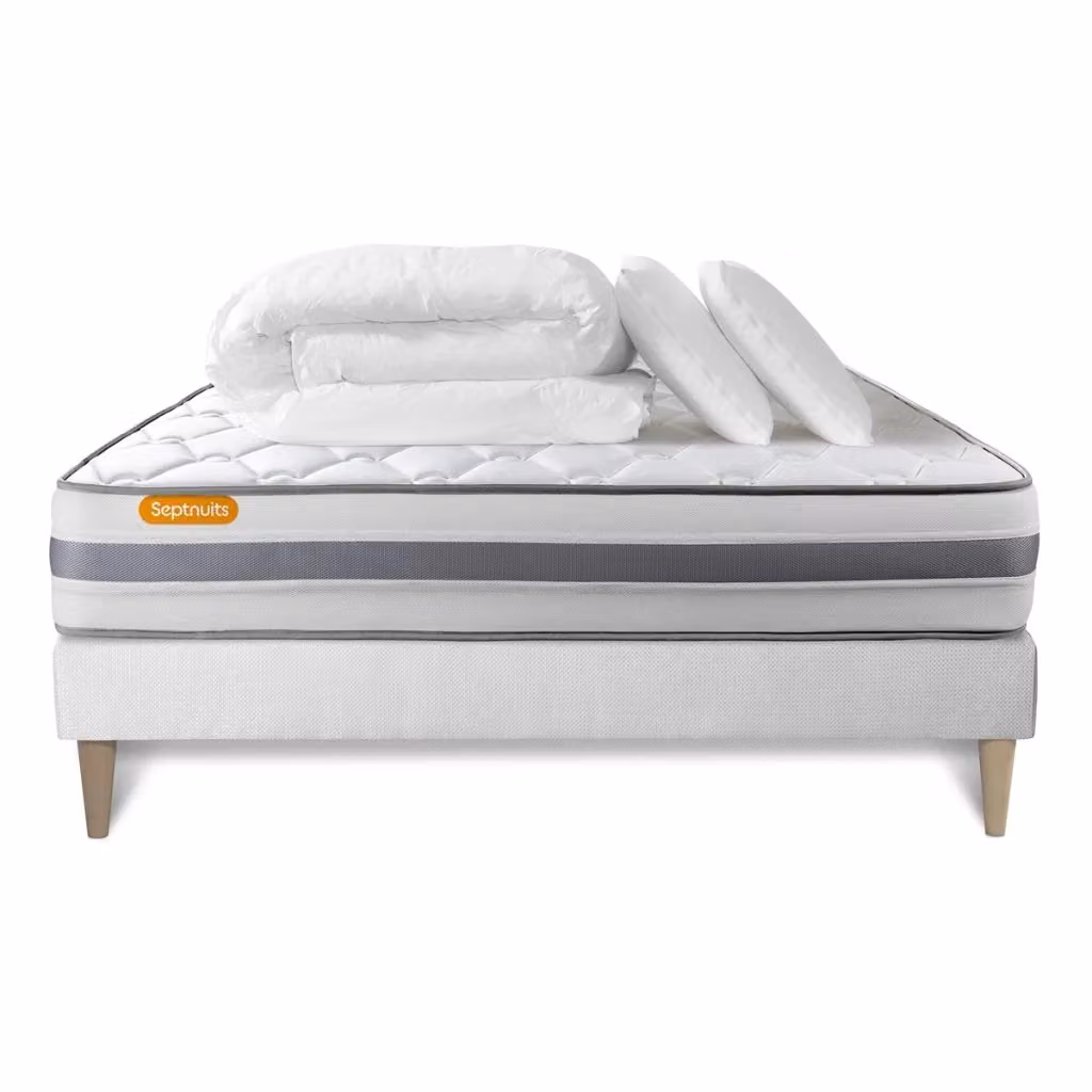 Set letto completo Septnuits con materasso a molle pocket, box spring imbottito, doghe, 2 cuscini e piumino, colore bianco, L/P: 200 x 200 cm – 2