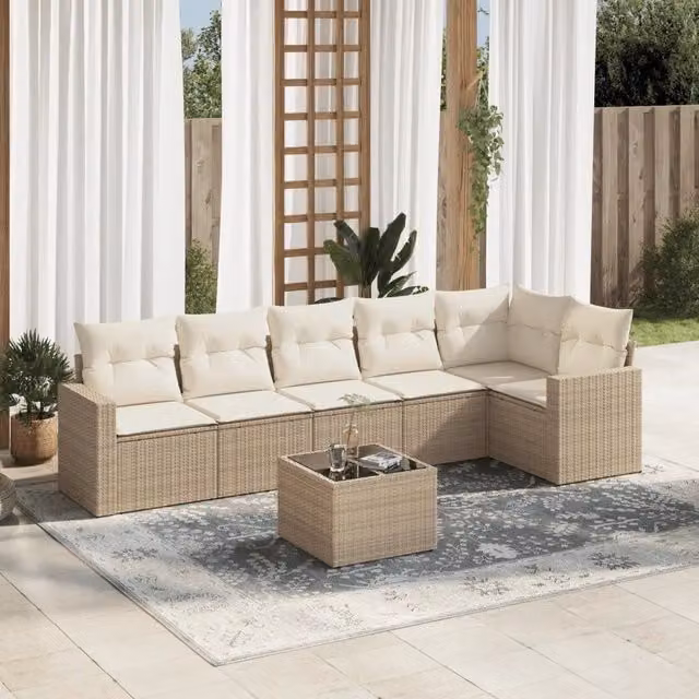 Set Divani da Giardino 7 pz con Cuscini Beige in Polyrattan 3251335