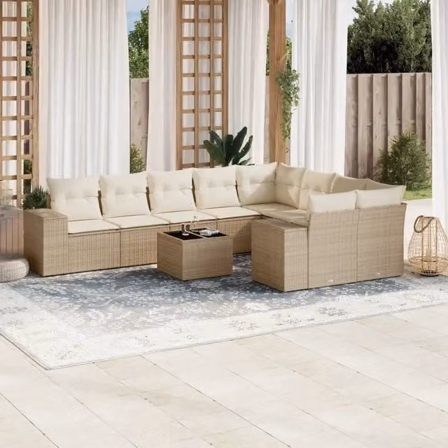 Set Divano da Giardino VIDAXL in Polyrattan con 10 Cuscini Beige Moderno – 1