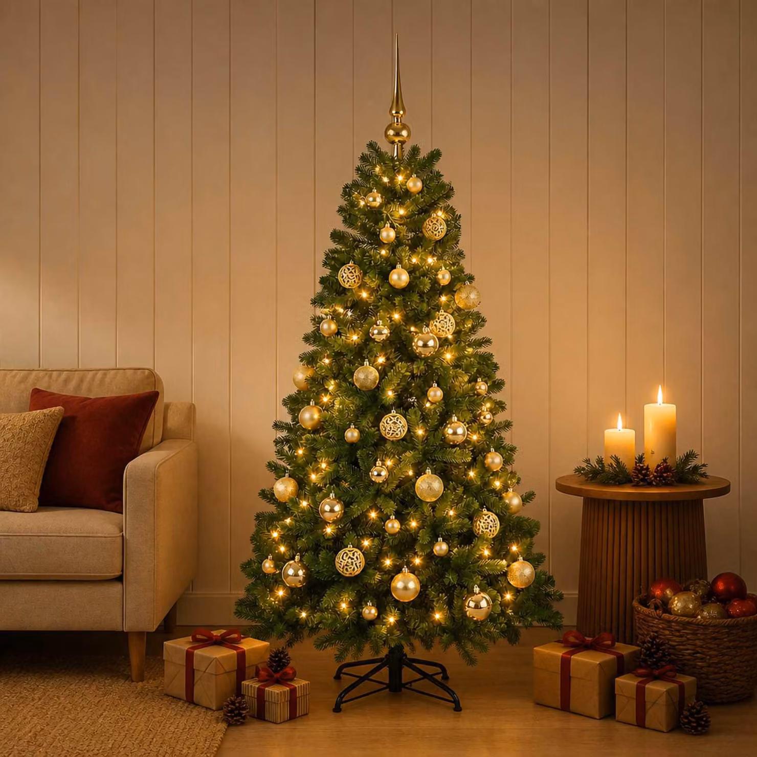 Albero di Natale artificiale con decorazioni a forma di sfera natalizia, altezza 120 cm, con 150 luci a LED