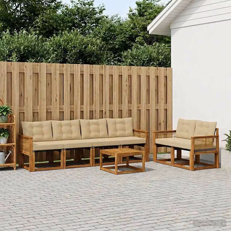 Set di divani da esterno vidaXL 7 pz in legno di acacia con tavolino e cuscini, Beige e Marrone