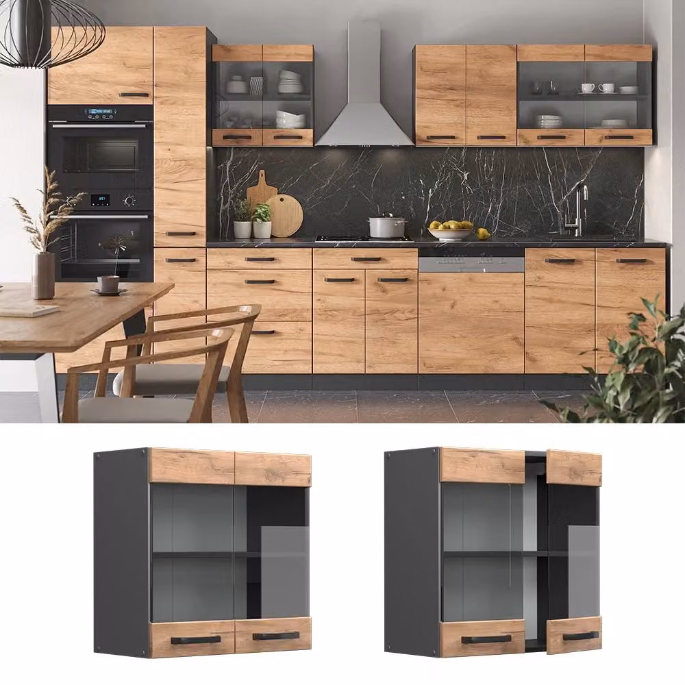 Pensile da cucina Vicco R-Line con ante in vetro, Rovere dorato e Antracite, L: 60 cm – 2