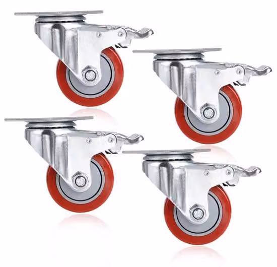 Ruote orientabili rosse da 75 mm con freno, 400 kg, rotazione a 360°, acciaio, gomma