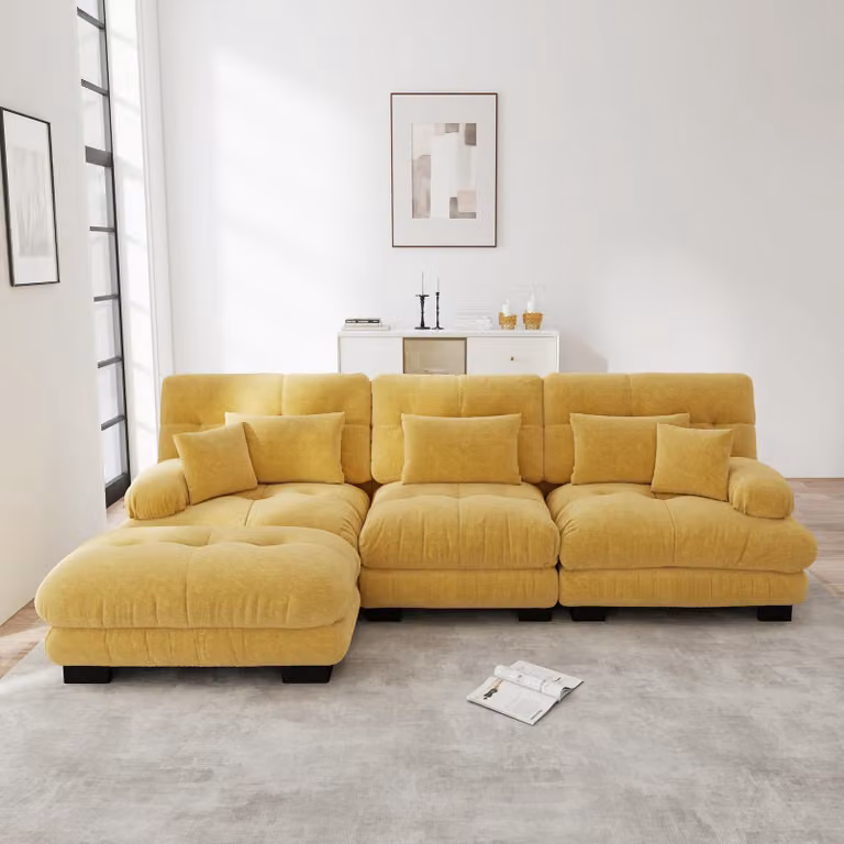 Divano angolare modulare modello "Cloud Couch", poggiapiedi, divano letto profondo, tessuto in chenille (giallo)