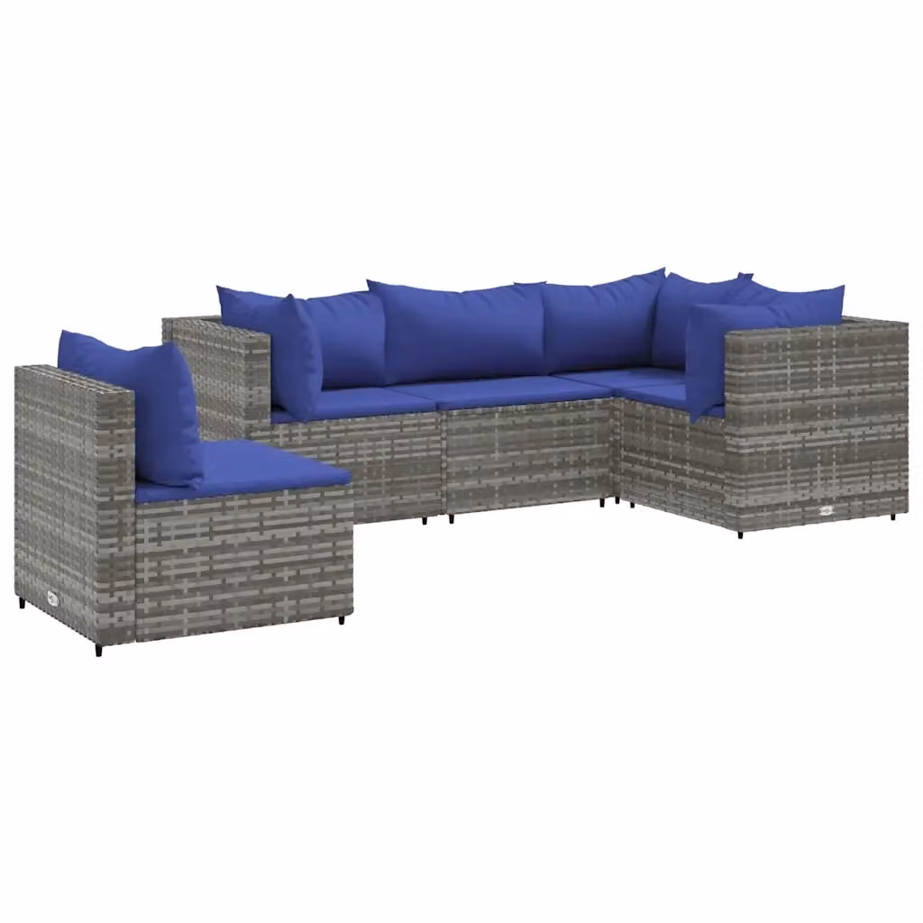 vidaXL Set Divani da Giardino a L con Cuscini, Struttura in Metallo e Polyrattan, Grigio e Blu – 2
