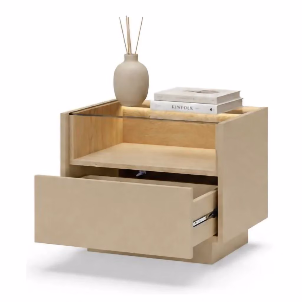 Comodino DMORA in legno e vetro con illuminazione integrata, colore marrone e beige, L 53 cm x P 40 cm x H 43 cm – 2