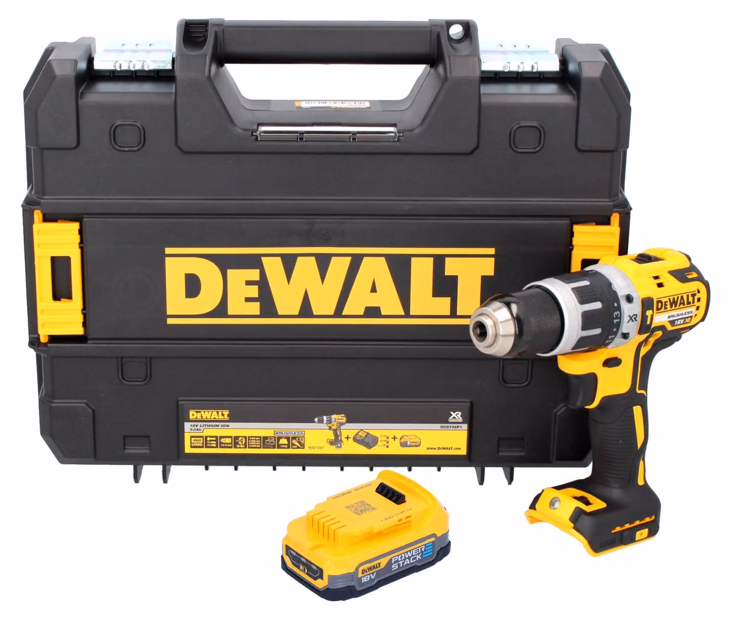 DeWalt DCD 796 E1T trapano a percussione a batteria 18 V 70 Nm senza spazzole + 1x batteria Powerstack 1,7 Ah + caricabatterie + TSTAK