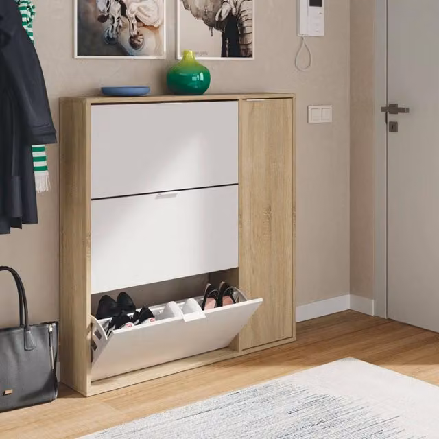 Scarpiera DMORA Moderna con Scompartimenti Basculanti, Colore Rovere, L: 106 cm, P: 22 cm, H: 115 cm
