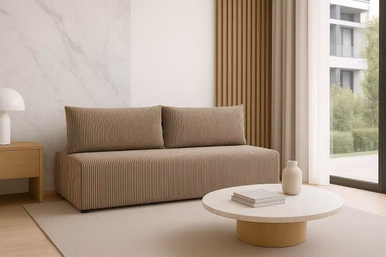 Sofello Divano LUNO con funzione letto Beige - Divano moderno in velluto a coste per il vostro salotto, zona notte: 204×144 cm