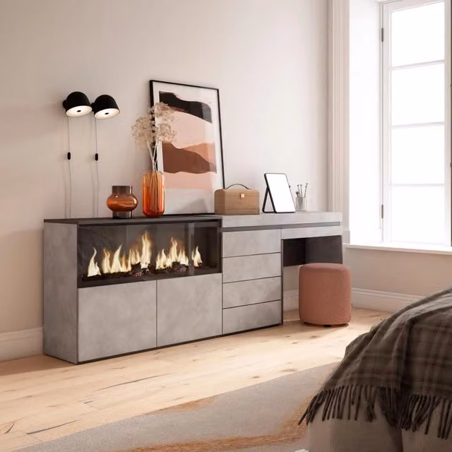 Tavolo da toeletta, 234x35x75cm, Con cassetto, Camino elettrico XXL, Cassettiera, grigio cemento RF3466
