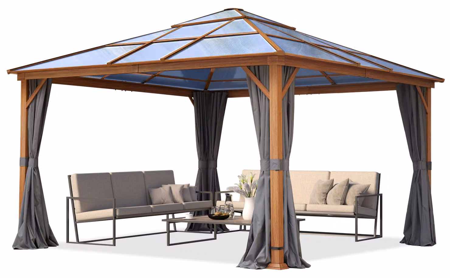 TOOLPORT Gazebo da giardino 4x4 m look quercia, tetto ca. 8mm policarbonato, 4 teli laterali color grigio