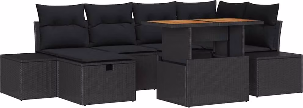 Set Divano da Giardino con cuscino 7 pcs Nero polyrattan