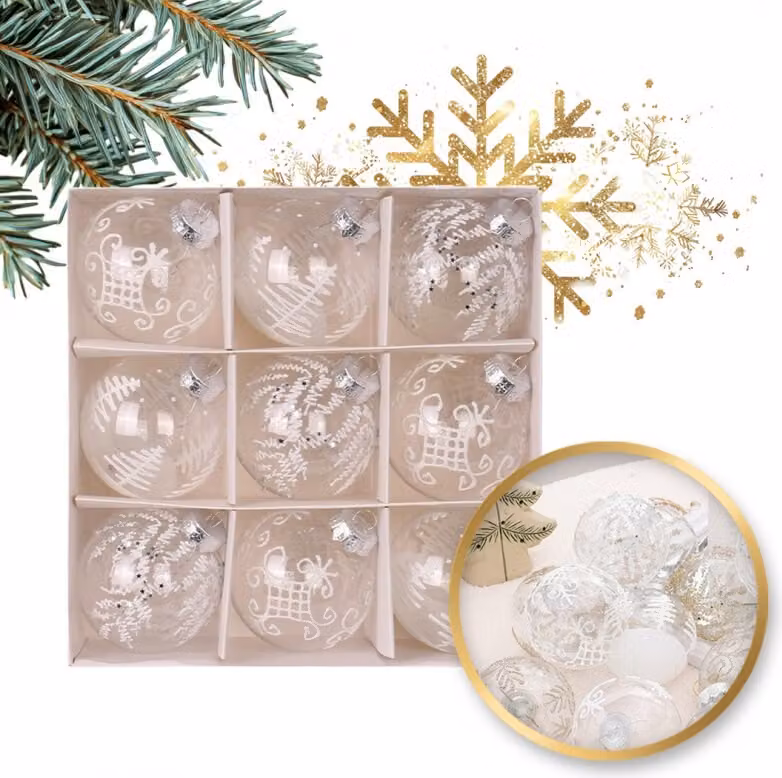 Set di decorazioni natalizie 9 pezzi in confezione, bianco, diametro 8 cm, bsn42.
