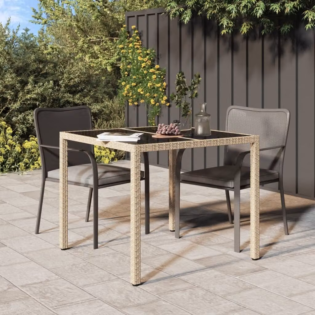 The Living Store Tavolo da giardino 90x90x75 cm Vetro temperato Poly Rattan Beige