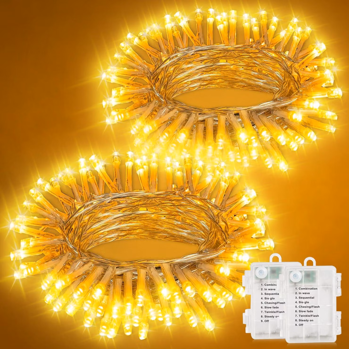 Catena luminosa a LED, 10 metri, 100 LED, luce bianco caldo, alimentazione a batteria, con timer