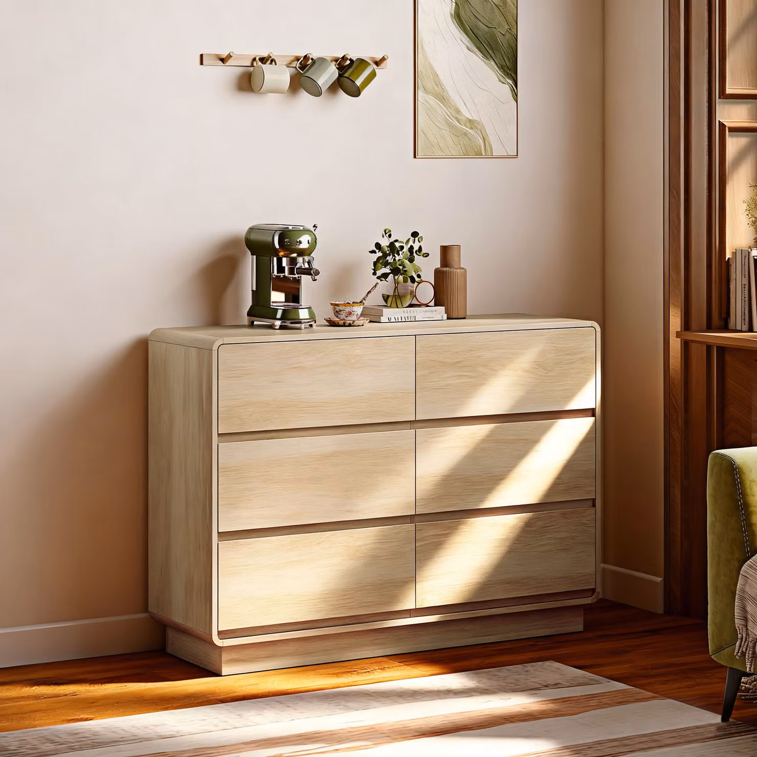 Credenza HOMCOM con 6 cassetti e spigoli arrotondati, colore naturale beige, L 120 x P 38 x H 86 cm – 2