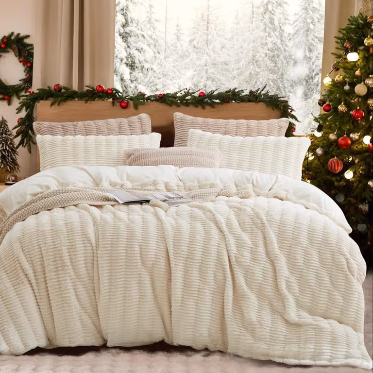 Copertura per letto 200x200 cm, colore bianco, in ecopelliccia spessa, flanella e pile, con cerniera, ideale per l'inverno
