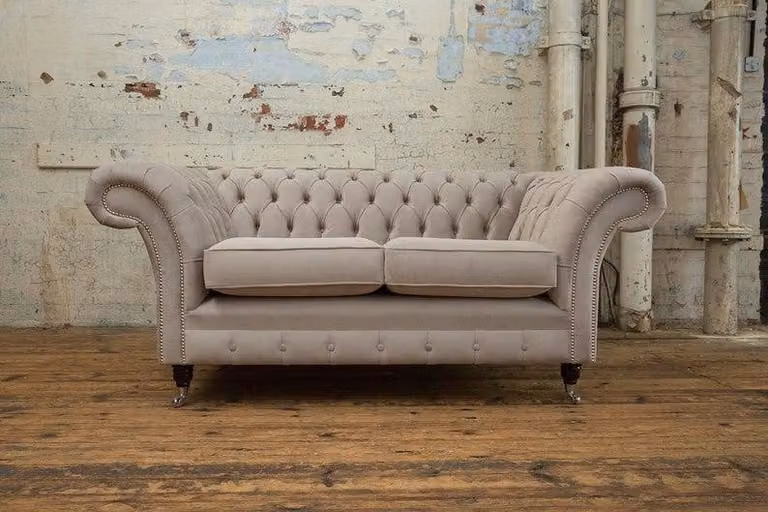 Sofas 2 Sitzer Couch Polster Sofa Stoff Chesterfield Couchen Garnitur Beige