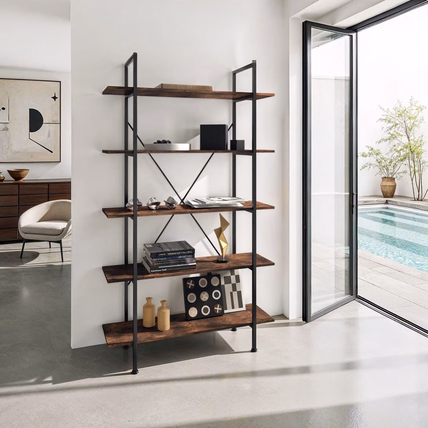 Scaffale Glasgow Tectake in stile industrial con legno scuro e metallo, L: 106.0 cm, P: 34.5 cm, H: 179.5 cm – 1