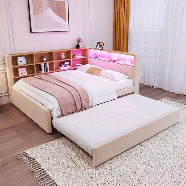 Letto Mivray con letto estraibile e illuminazione LED, porte USB e vani contenitore, colore beige