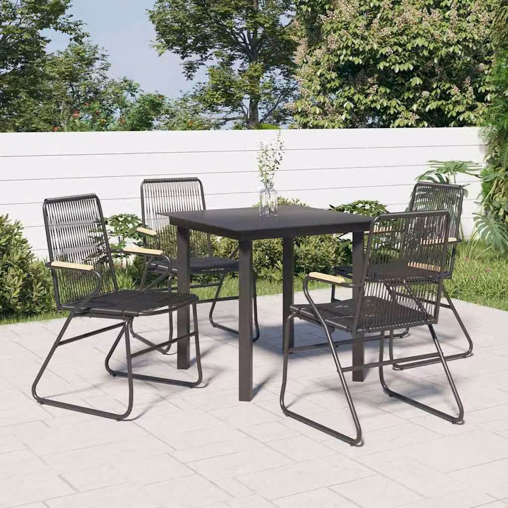 Set da pranzo da giardino vidaXL in polyrattan nero con tavolo in vetro e sedie in legno e metallo