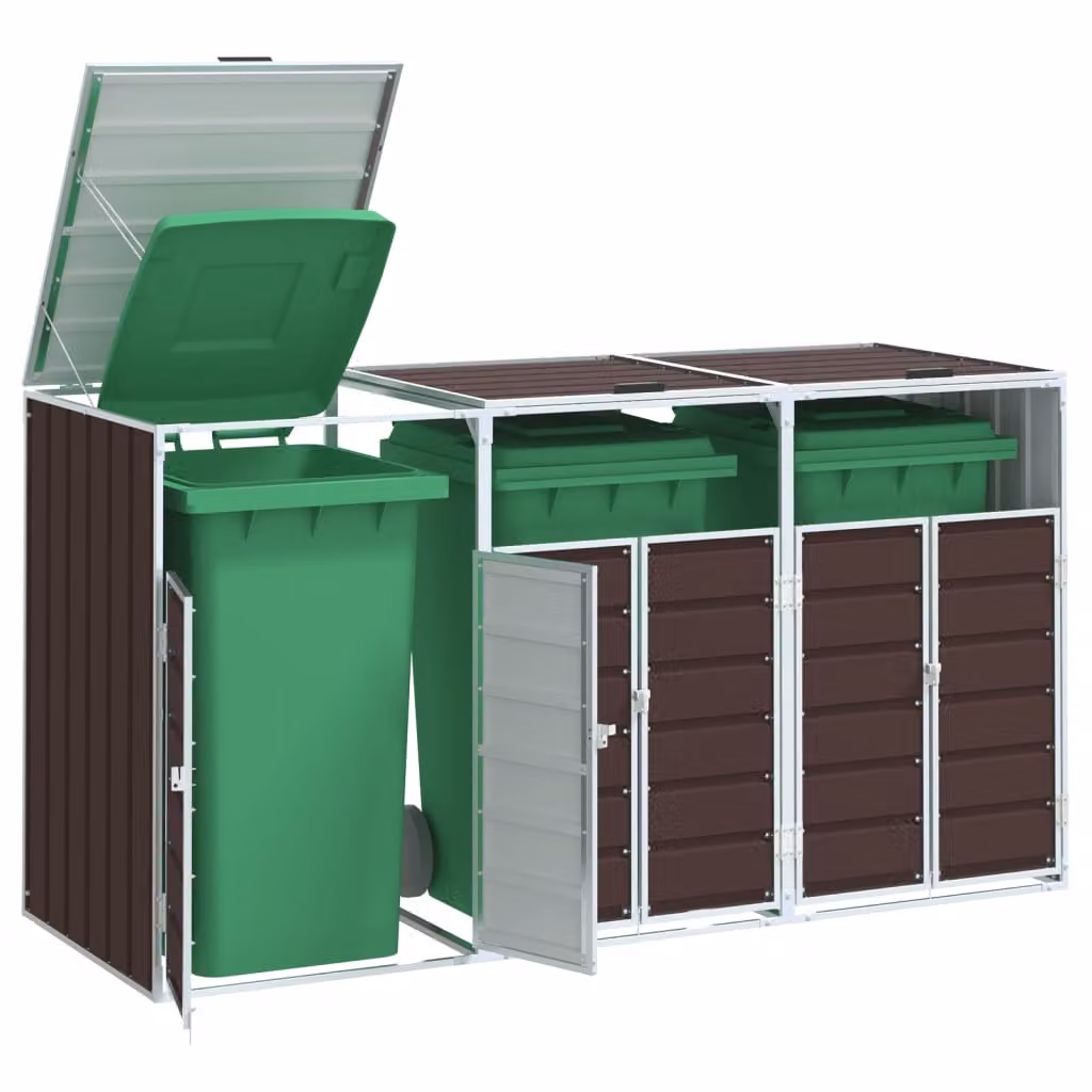 vidaXL Copribidone con Ruote per 3 Bidoni in Acciaio, Marrone, L/P/H: 216 x 81 x 115 cm