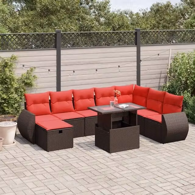 Set Divani da Giardino 9 pz con Cuscini Marrone in Polyrattan 3275194