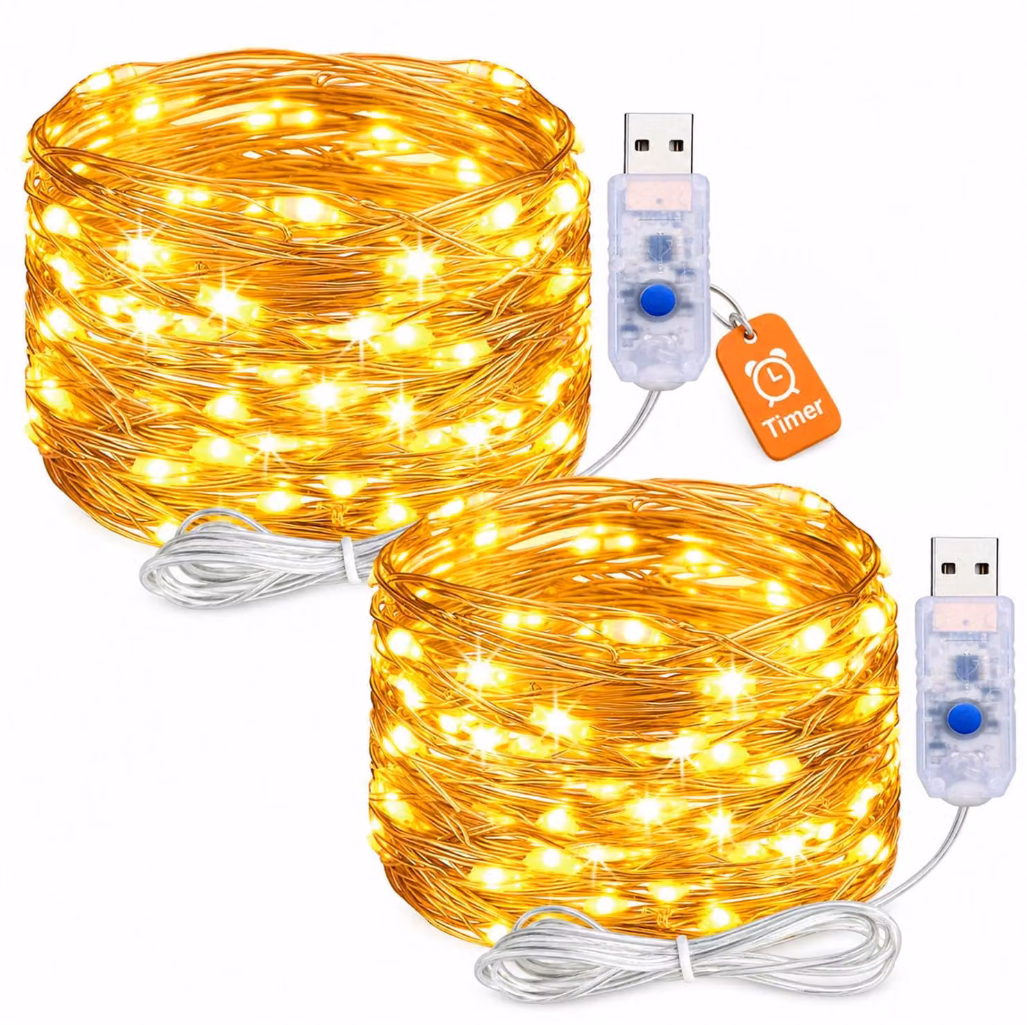 Catena luminosa USB con timer, 5 metri, 50 LED, luce bianco caldo, confezione da 2