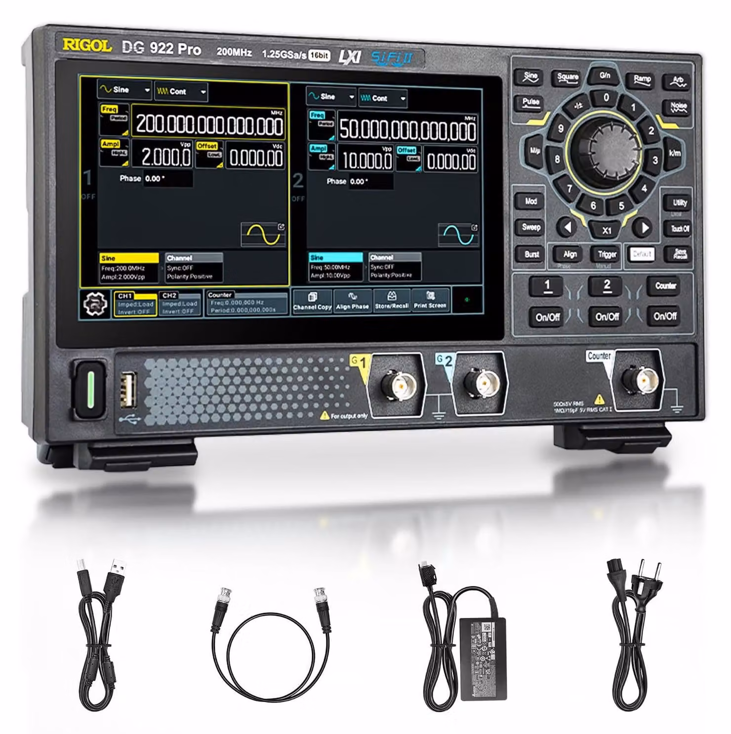 Generatore di funzioni da 200 MHz, 1,25 GSa/s, 16 bit, 2 canali, portatile