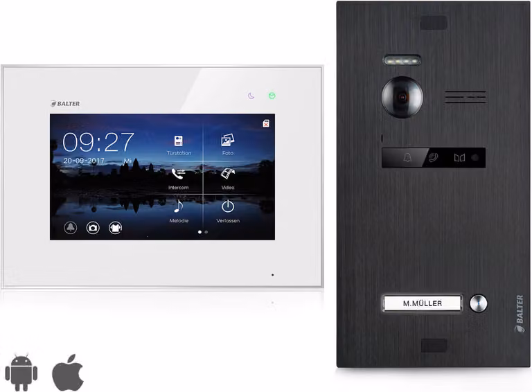Videocitofono con app per smartphone per casa monofamiliare, nero, 1x monitor, Balter EVO WLAN