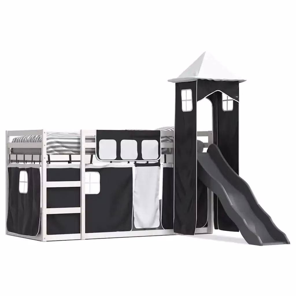Letto a Castello con Scivolo e Tende vidaXL in Legno di Pino Bianco, Nero e Antracite, 90x200 cm – 2