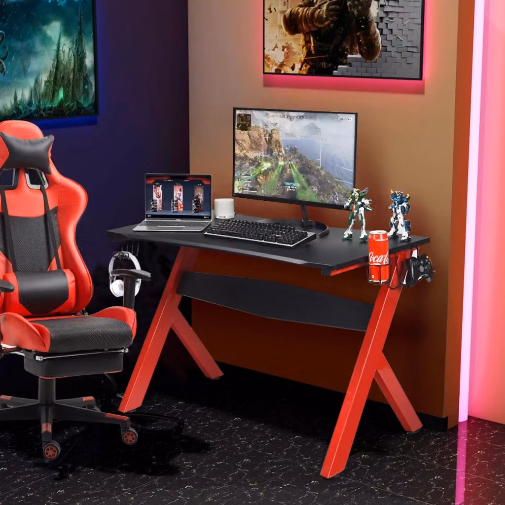 Scrivania da gaming moderna nera con struttura a X e piano rettangolare opaco L: 115 cm, P: 60 cm, H: 100 cm – 2
