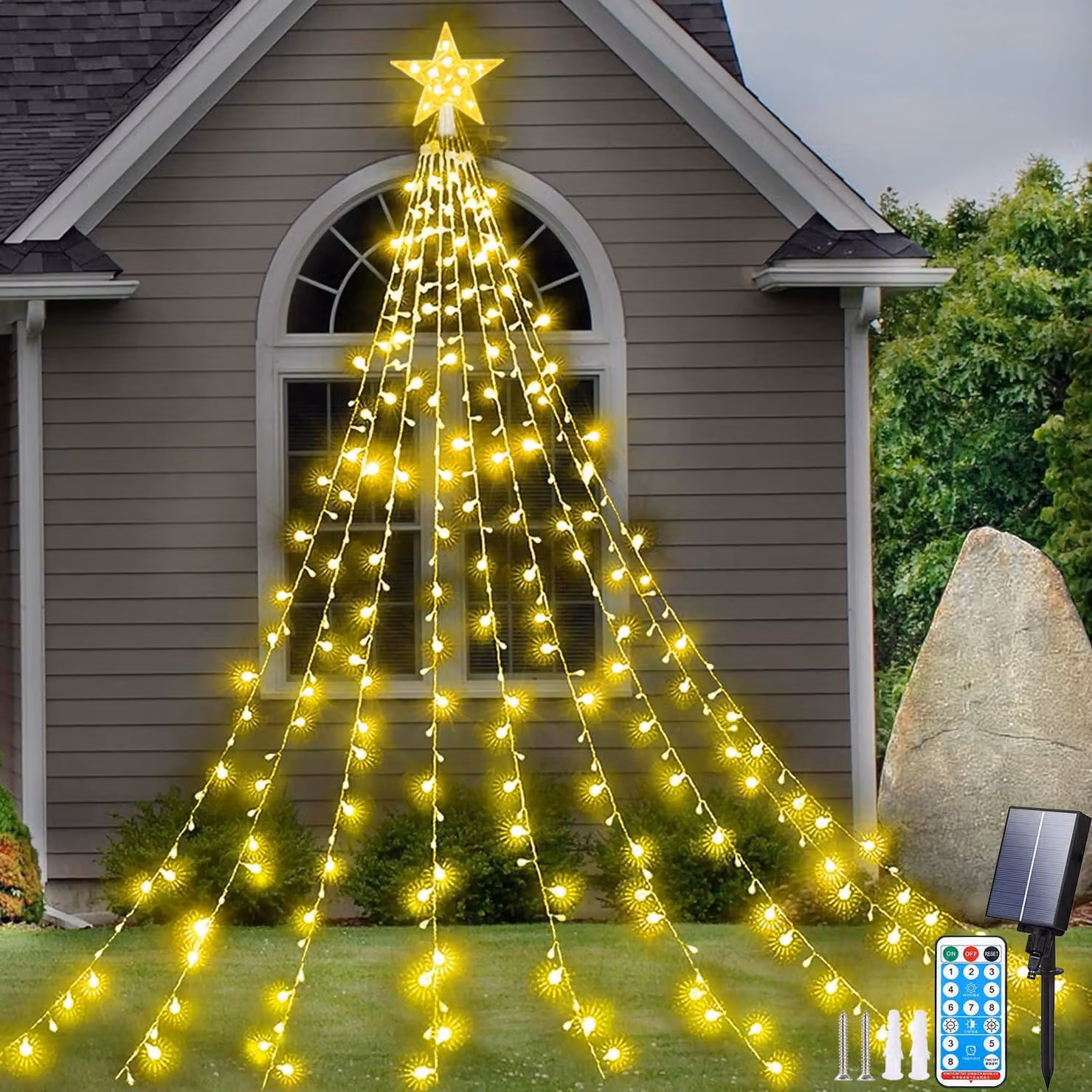 Catena luminosa solare con 198 LED, 2 metri x 9 fili, 8 modalità, grado di protezione IP65, luce bianco caldo