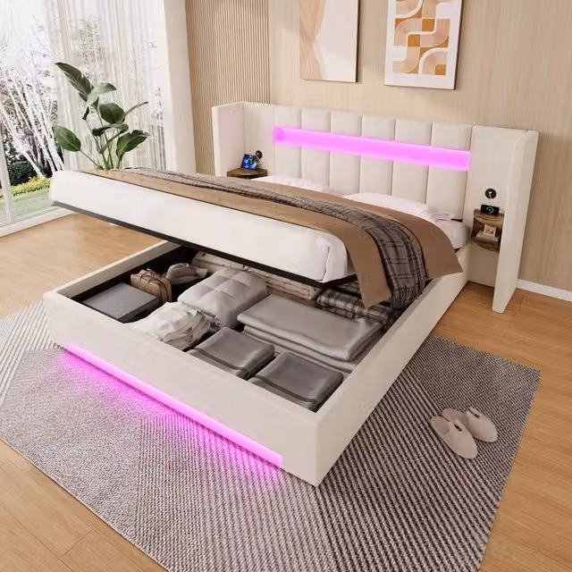 Letto Contenitore REDOM in Velluto Beige con Illuminazione LED, Porte USB e Cassetti Laterali L/P/H: 180 x 200 x 70,5 cm