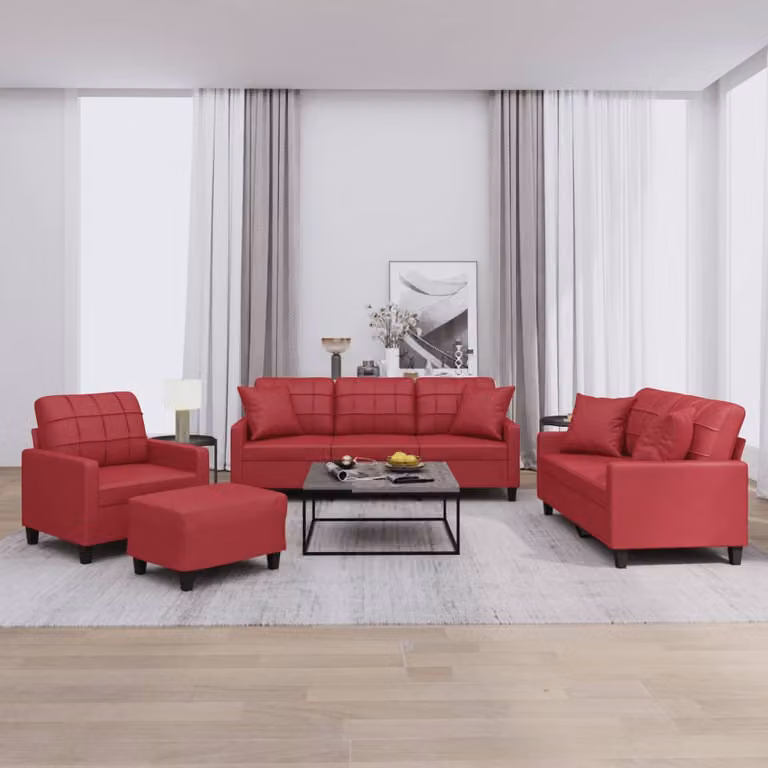 Set di divani vidaXL 4 pezzi in similpelle rossa con cuscini, composto da divano a 3 posti, divano a 2 posti e pouf per il tuo soggiorno