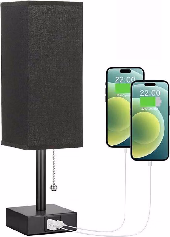 Lampada da comodino a LED con 2 porte di ricarica USB e chiusura in velcro come interruttore. Adatta per soggiorno, camera da letto, appartamento da studente e ufficio - Nero.