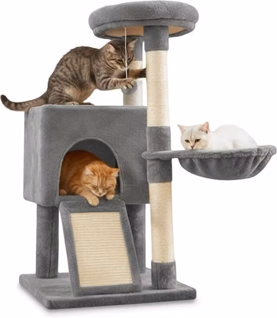 Albero Tiragraffi per Gatti Multilivello Puppy Lovers in Sisal con Amaca e Giochi, Beige e Grigio, H 87 cm, L 45 cm, P 40 cm