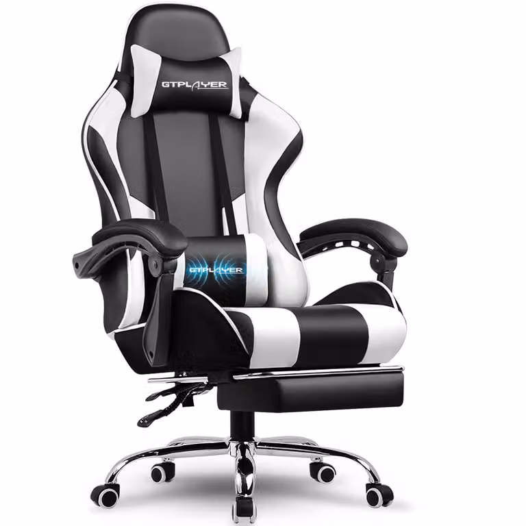 Sedia da gioco GTPLAYER, sedia da ufficio, sedia ergonomica per PC, poltrona da gioco con supporto lombare massaggiante, poggiapiedi e poggiatesta, ecopelle bianca