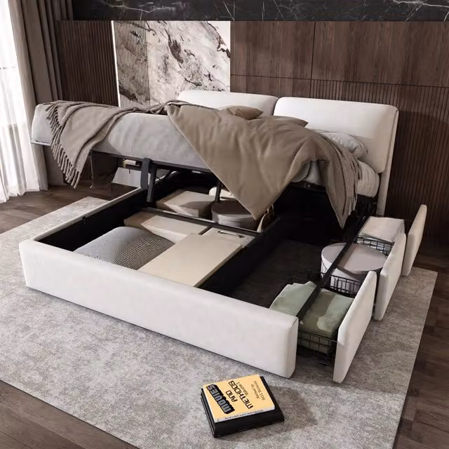 Letto imbottito con contenitore idraulico e 3 cassetti, 180x200 cm, velluto beige
