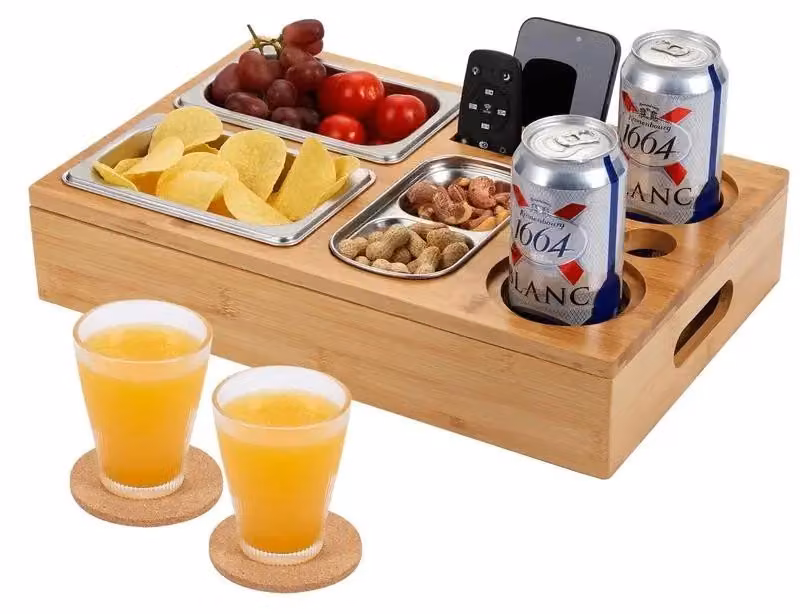 Contenitore portaoggetti - Organizer con 3 ciotole in acciaio inossidabile - Coperchio removibile - Realizzato in bambù - Ideale per snack e telecomandi