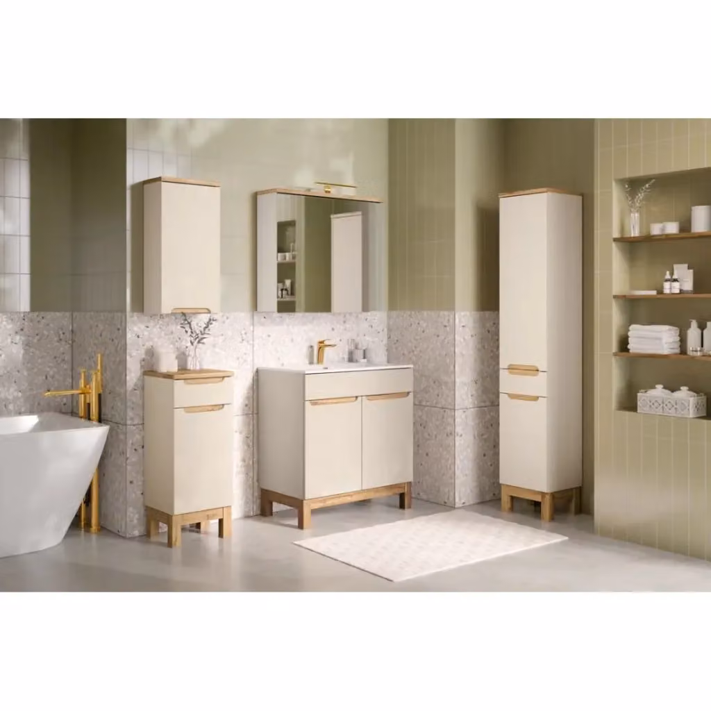 Set mobile bagno Ermano MEUBLORAMA beige con lavabo incassato, mobili sospesi e specchio con illuminazione LED, L: 150 cm – 2