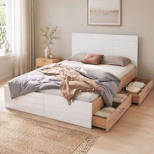 Letto matrimoniale in legno 180×200 cm con 2 cassetti, struttura e rete inclusi, bianco e rovere, 207×80×185 cm