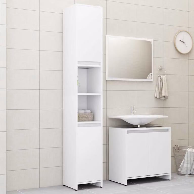 Set di mobili da bagno vidaXL 3 pezzi bianco in MDF con armadietto alto, mobile lavabo e specchiera